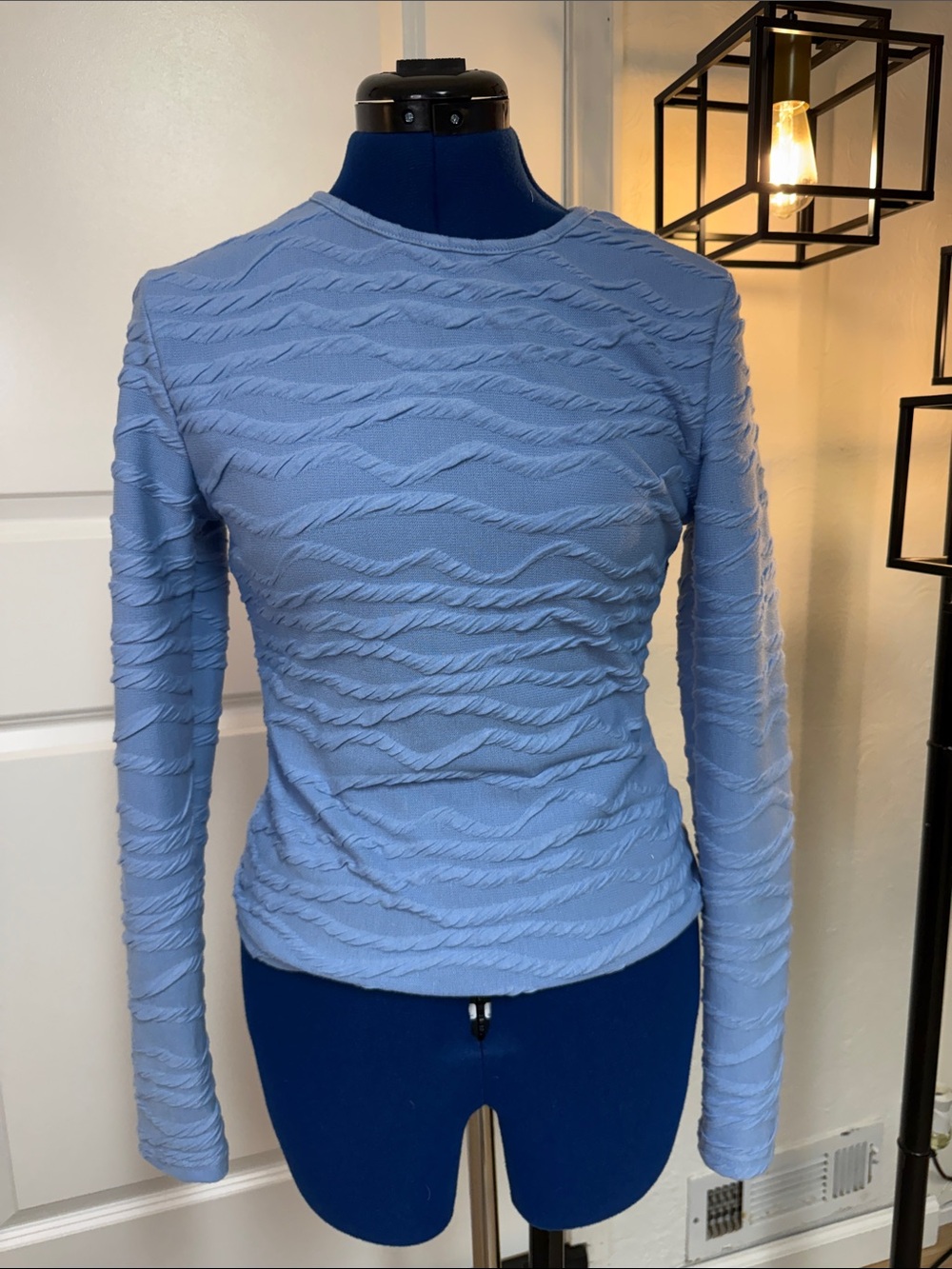 Women's Long-Sleeve Textured Crewneck Top - Light Blue Small